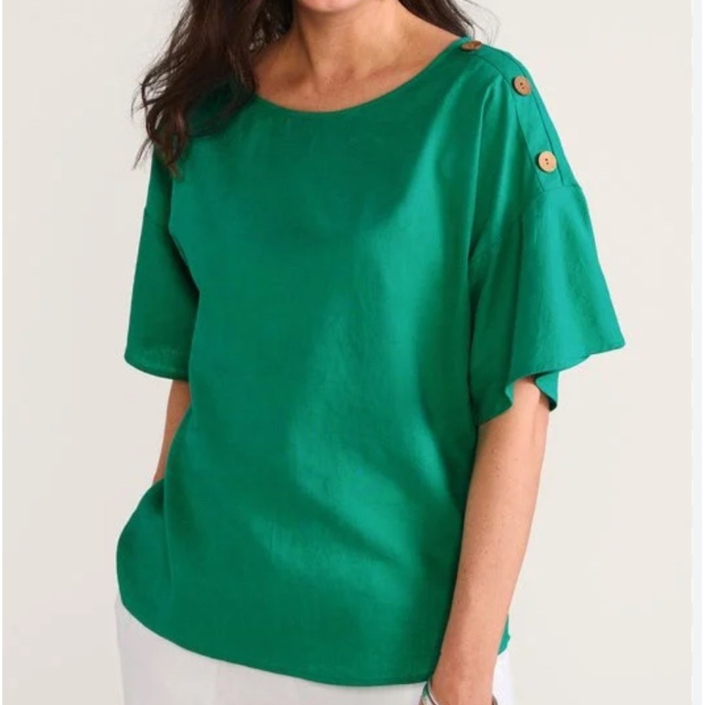 Soft Surroundings Emerald Green Linen Blend Button Shoulder Blouse Top 1X 2GF90